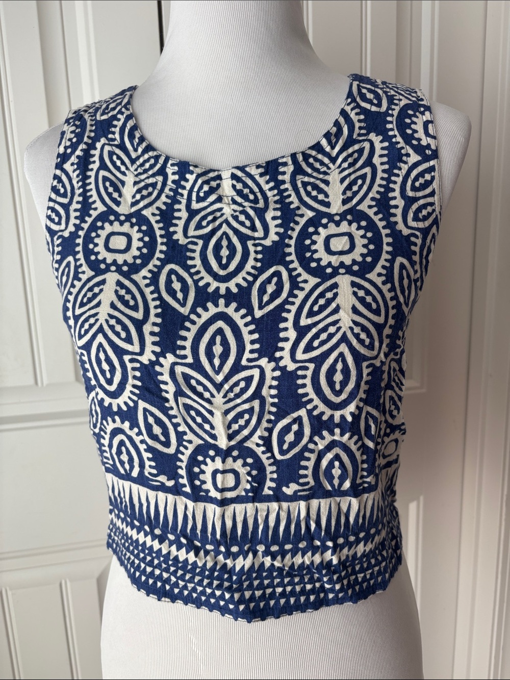 Rose & Olive Navy and White Printed Cropped Tank with Criss Cross back